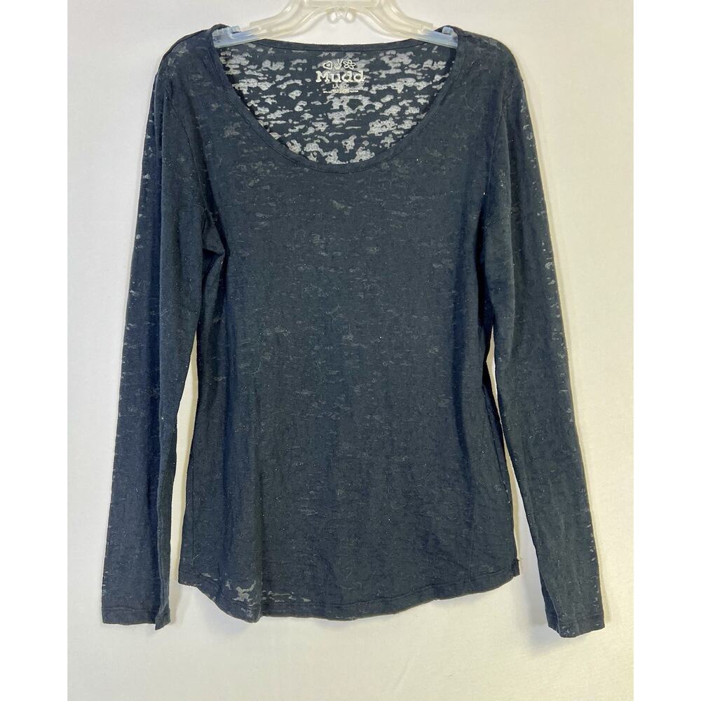 Mudd Black Burnout Long Sleeve Top Sz L Semi Sheer Layering Stretch Grunge‎ Goth